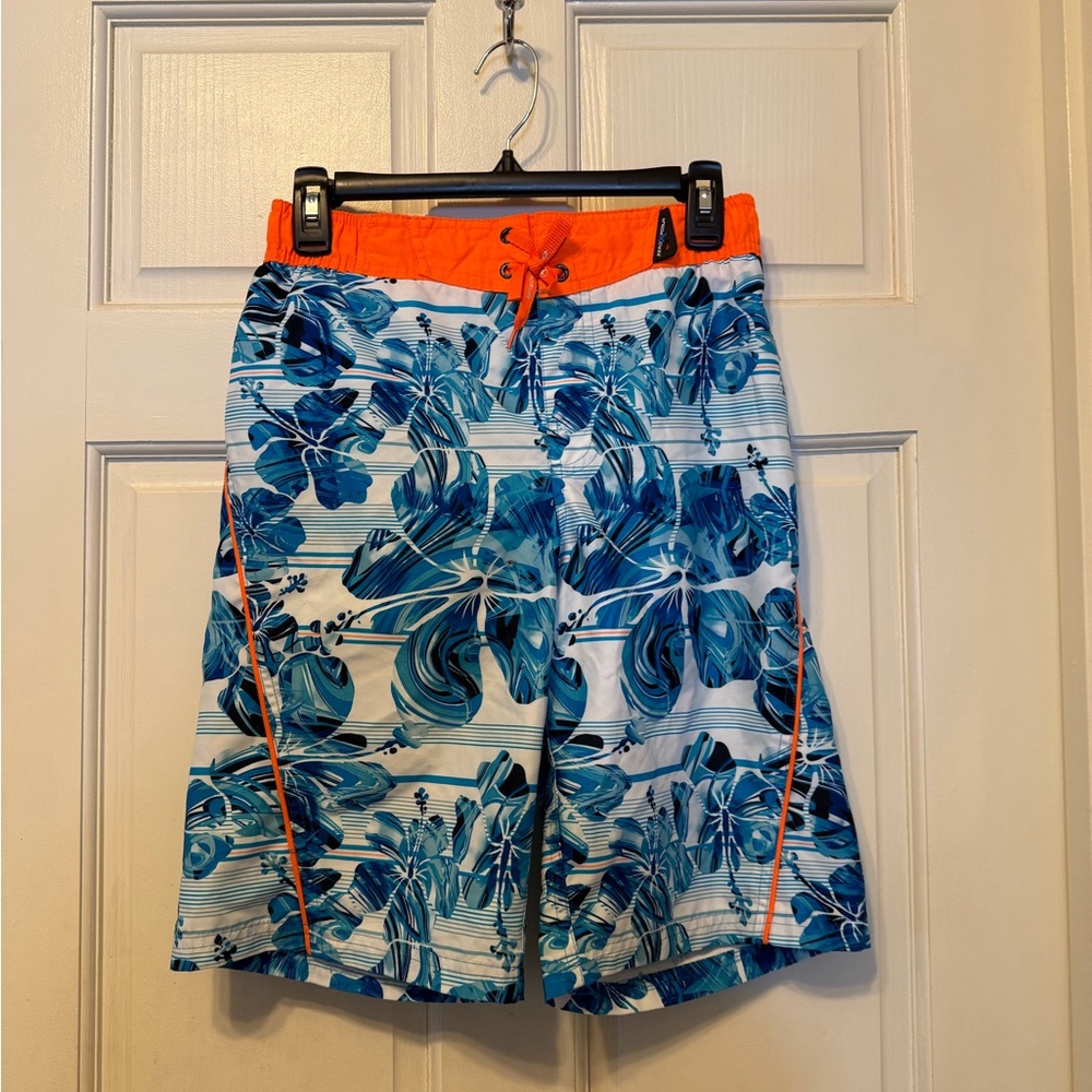 ZeroXposur Kids Swim Board Shorts - Blue Floral and Orange